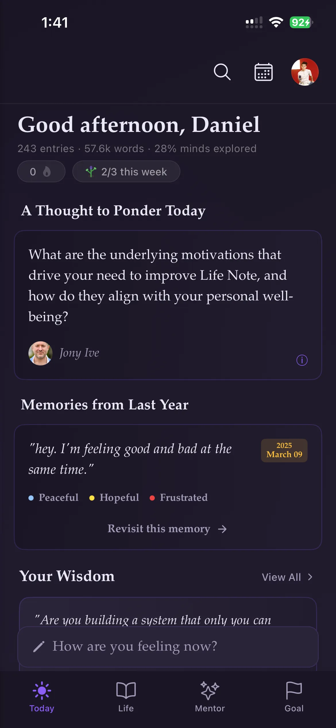 Life Note home screen with daily wisdom and memories