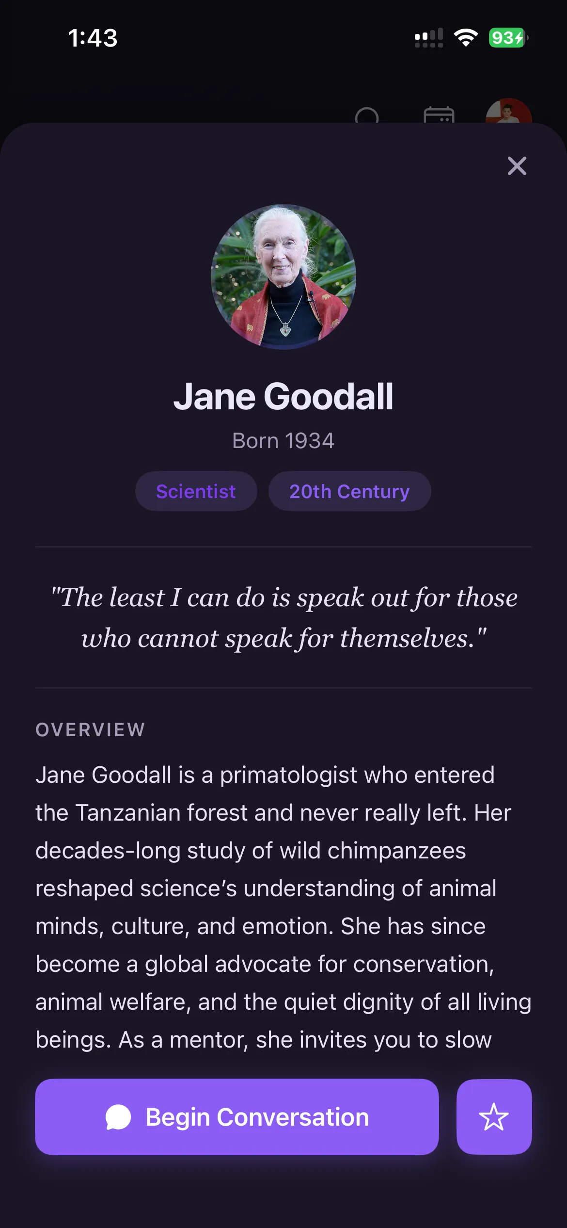 Jane Goodall mentor profile card